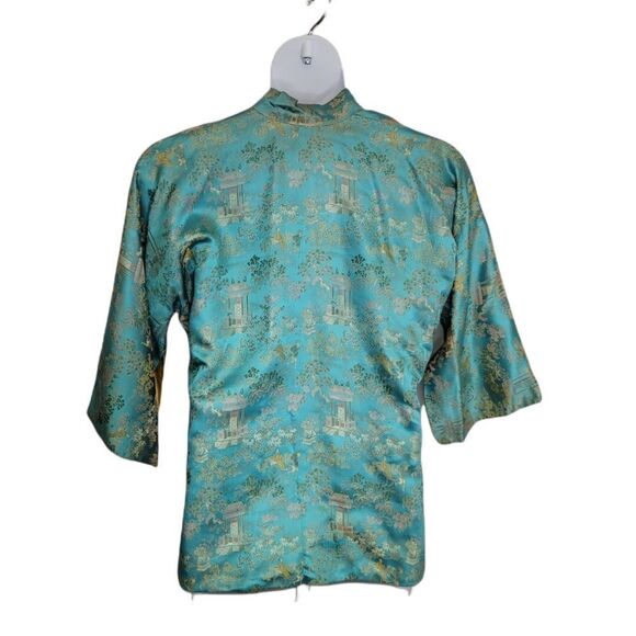 VINTAGE 70s Asian frog closure blue split sleeve traditional brocade top M - Picture 2 of 11